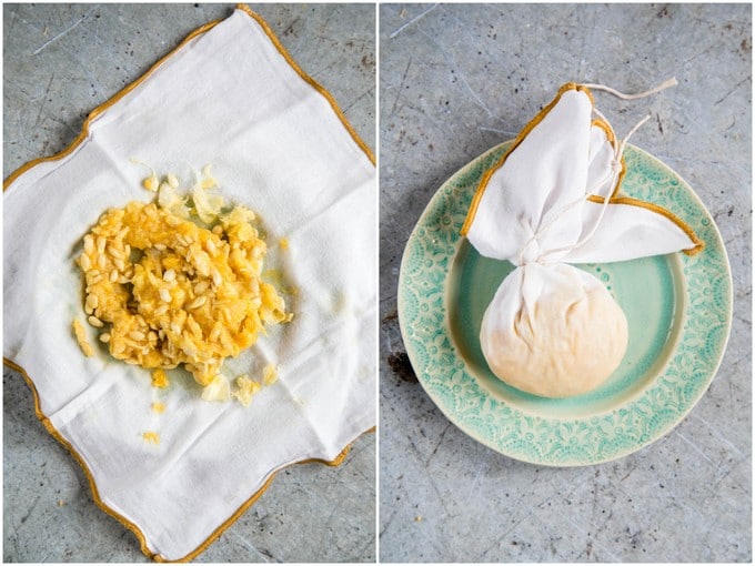 A collage of two pictures showing orange pith being tied into a muslin cloth for making marmalade.