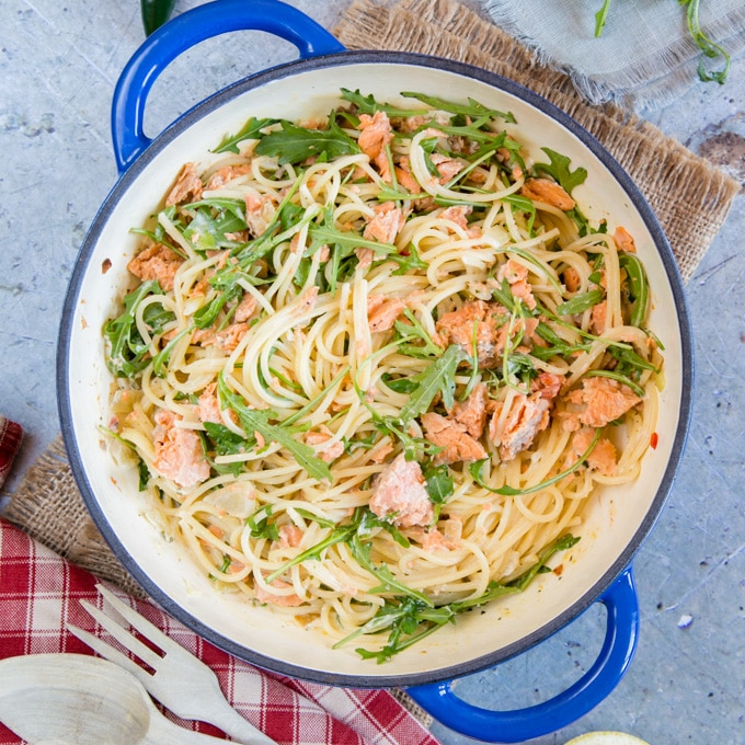 A top-down picture showcasing a dish of 10-minute creamy salmon pasta.