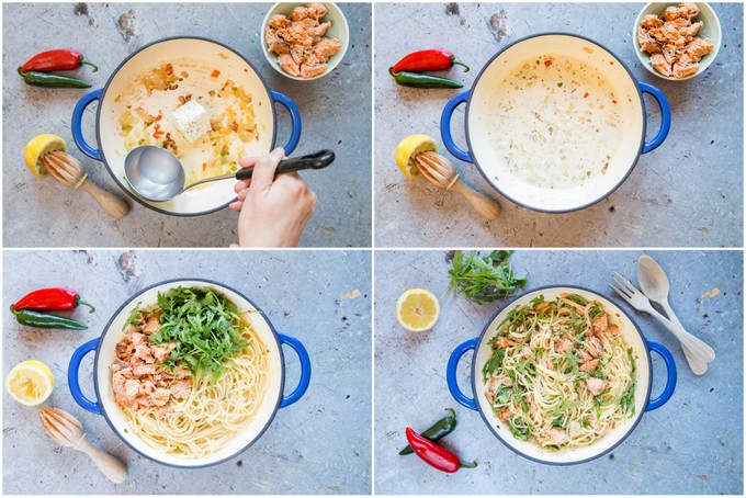 A top down collage of four pictures showing the stages of making easy salmon pasta. Adding the pasta water to the cheese, the finished sauce, adding the salmon and rocket, and the dish ready to serve.