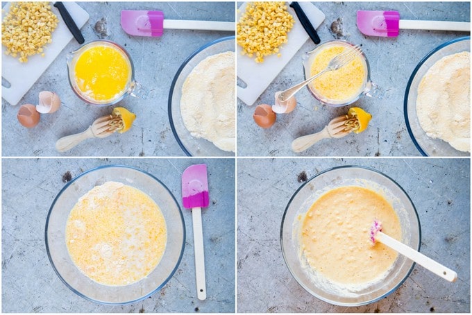 Making slow cooker cornbread. A collage of four pictures showing mixing the ingredient, adding the liquid to the flour, and stirring all together.