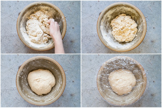 Four picture collage of mixing leftover beer bread.