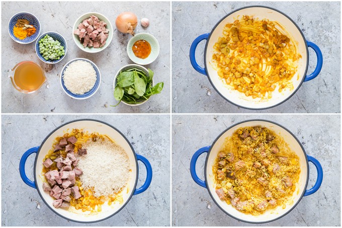 Step by step pictures of making left-over lamb biriyani - the first four stages