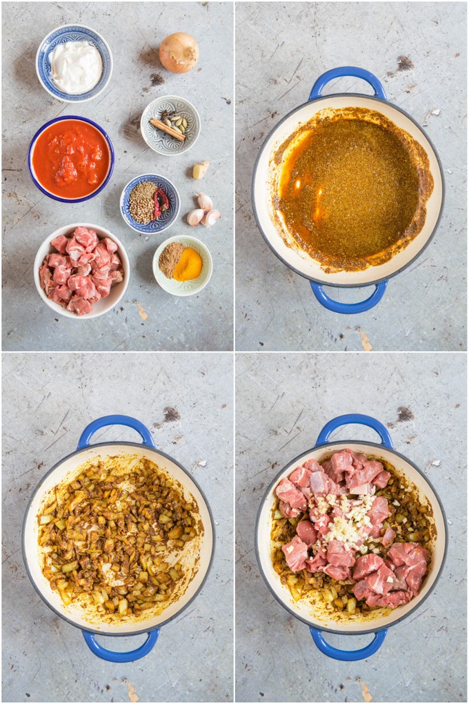 A collage of step by step photos of lamb rogan josh.