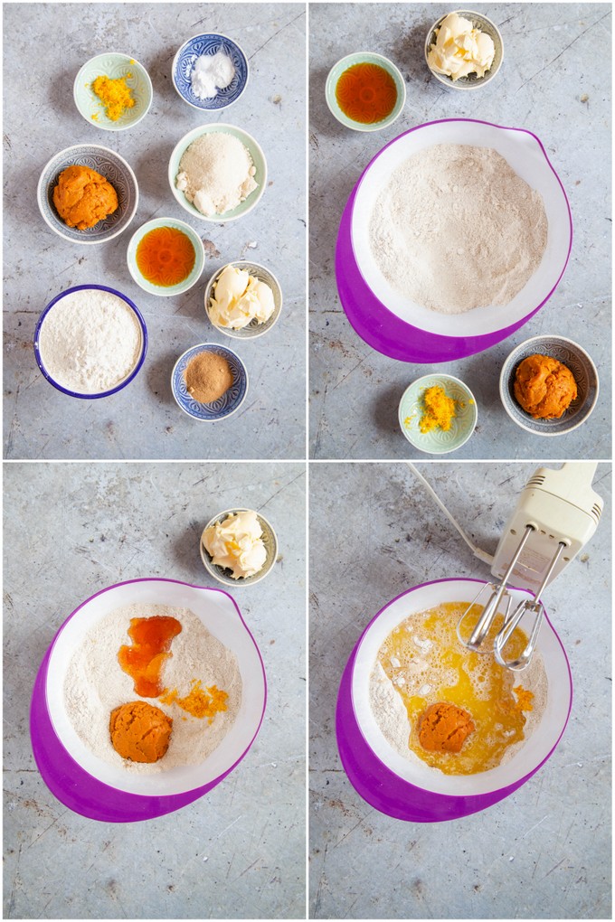 A collage of top down photos showing the steps for making pumpkin spice cake 