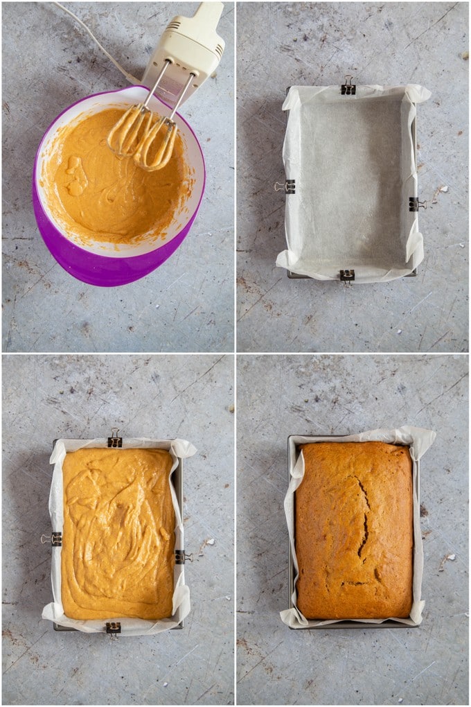A collage of top down photos showing the steps for making pumpkin spice cake 