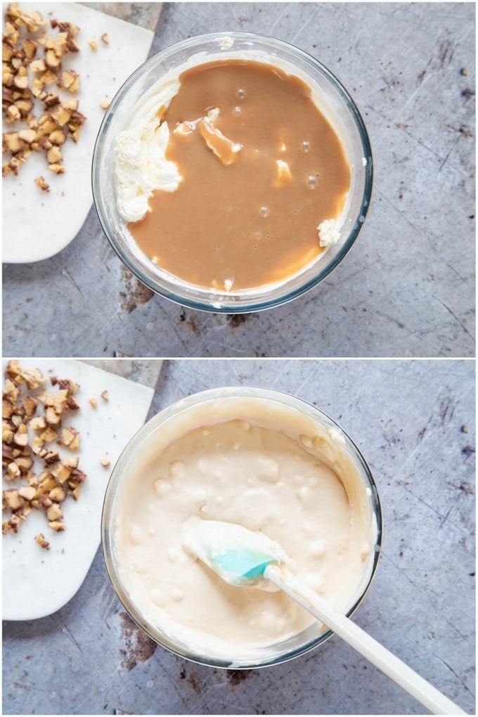 How to make no-churn fudge ice cream - stirring in the condensed milk and melted fudge