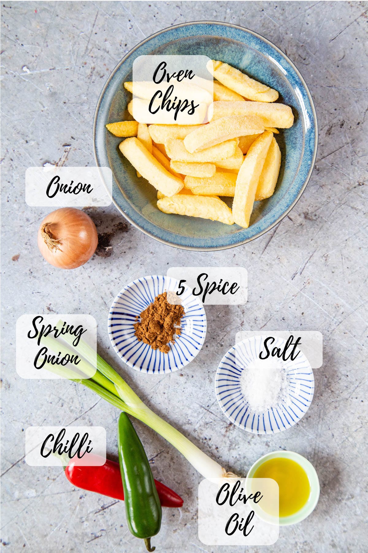 All the ingredients for salt and pepper chips.