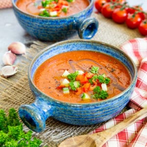A bowl of red gazpacho soup