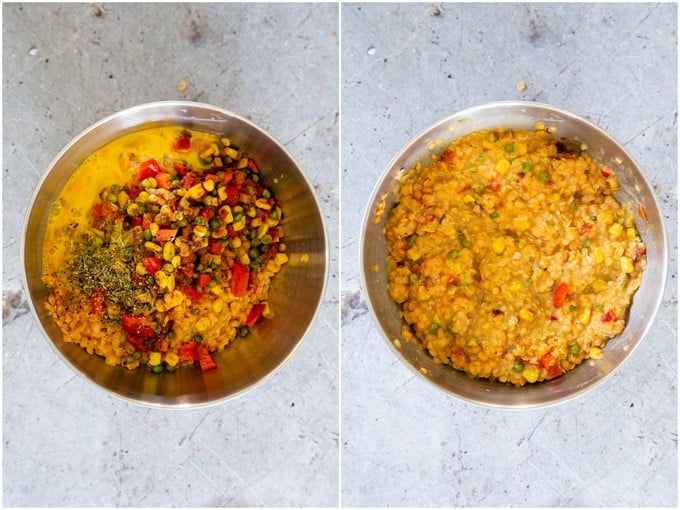 Al the ingredients in a lentil loaf in a stainless bowl, before and after mixing.