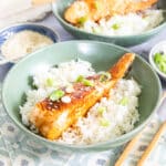 A close-up of a teriyaki salmon fillet.
