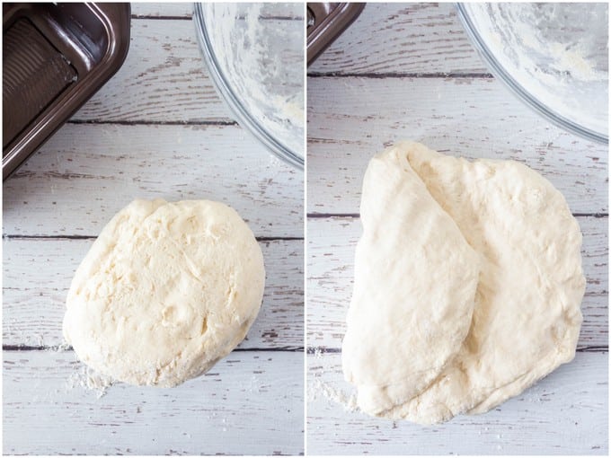 Folding raised yogurt bread dough, before proofing in a bread tin.