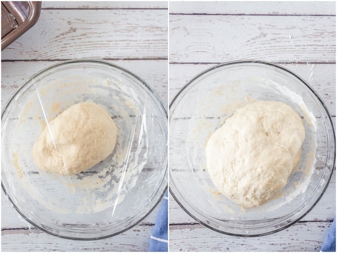 Dough in a glass bowl, before and after rising.