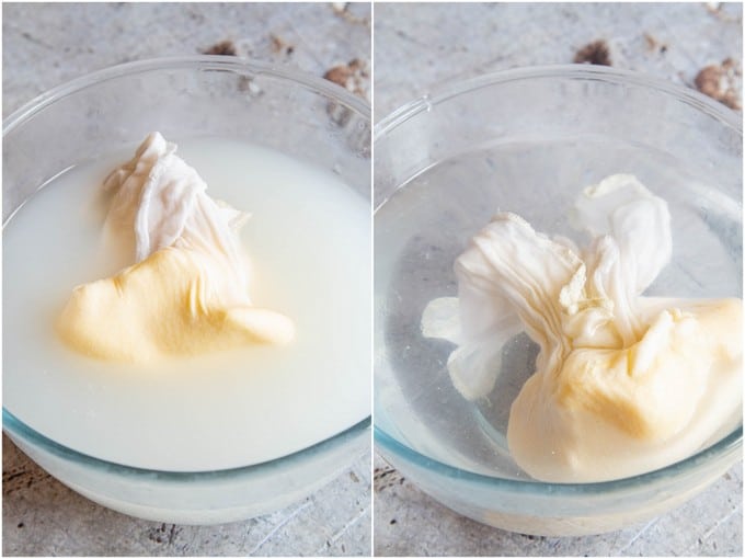 Washing butter. 2 pictures of a bowl of water holding butter wrapped in muslin. One milky water, one clear.