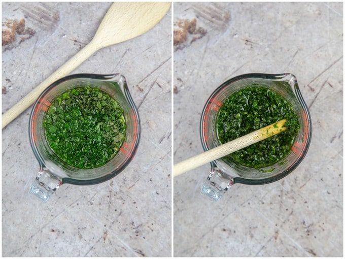 Mixing the mint with a little boiling water, then adding vinegar.