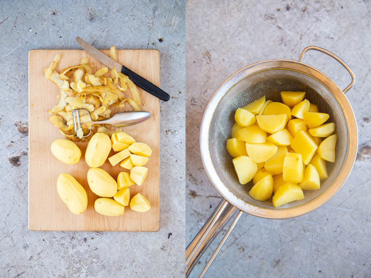 Left: peel and chop the potatoes. Right: draining the boiled potatoes.