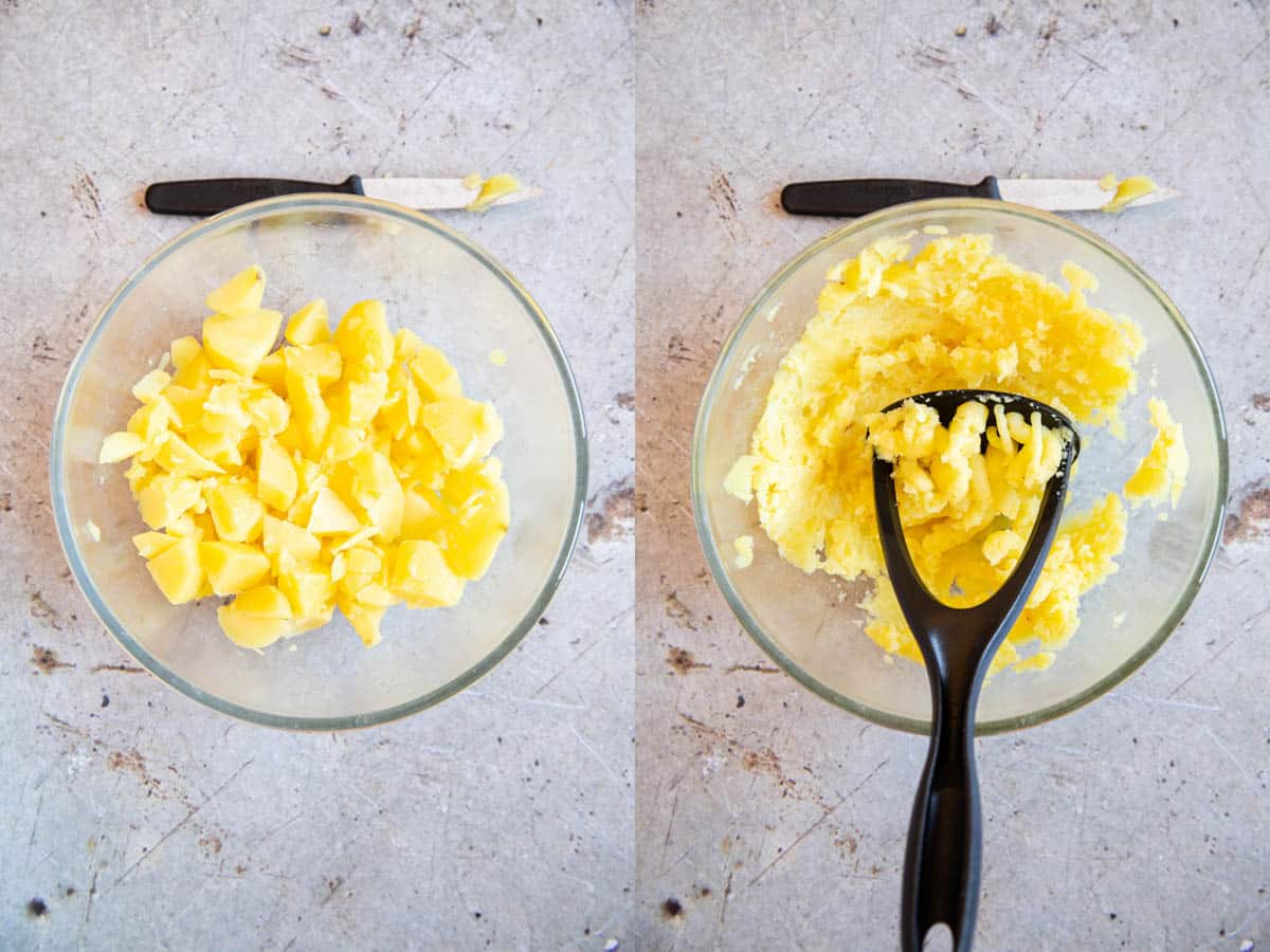 Left: the drained potato in a bowl. Right: mashing the potato