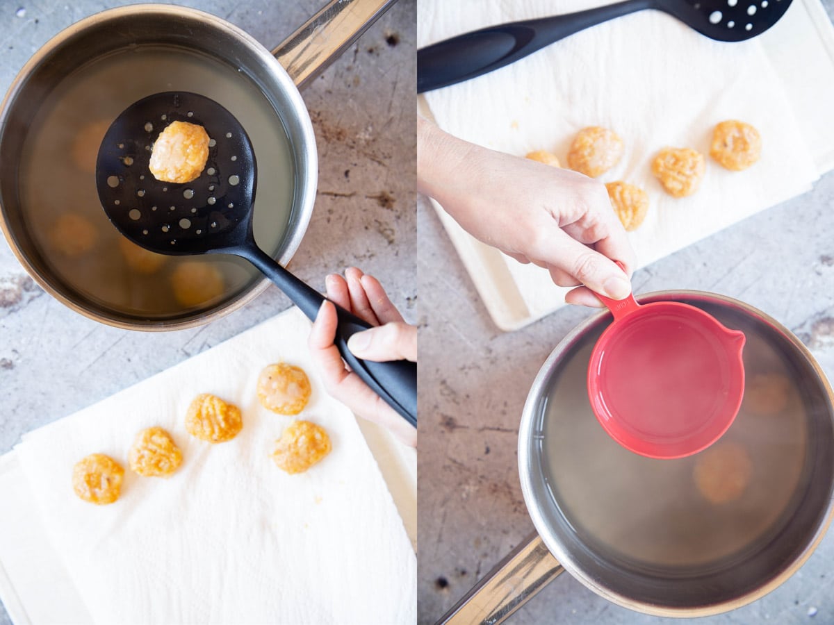 Left: removing the gnocchi from the pan as they rise to the top: Right: reserve some of the cooking water.