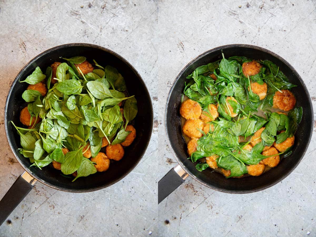 Left: the spinach added to the pan. Right: When the spinach is wilted, the dish is ready.
