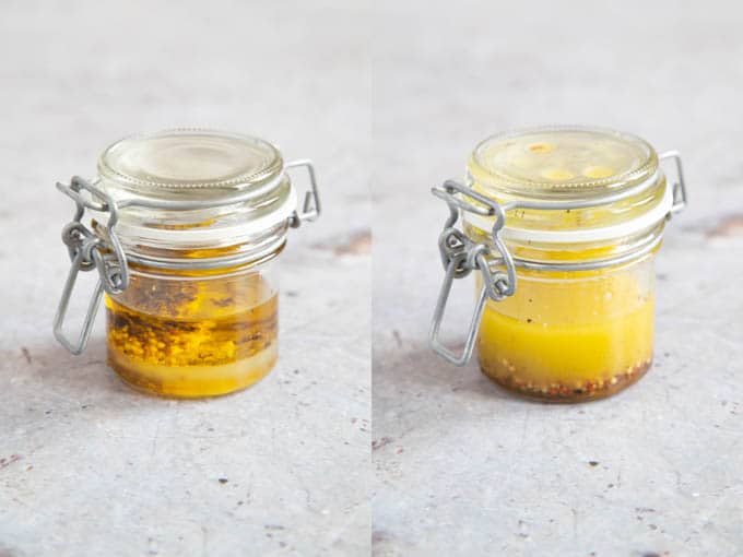 Two pictures of a clip top jamjar containing oil and vinegar salad dressing, mixed and unmixed.