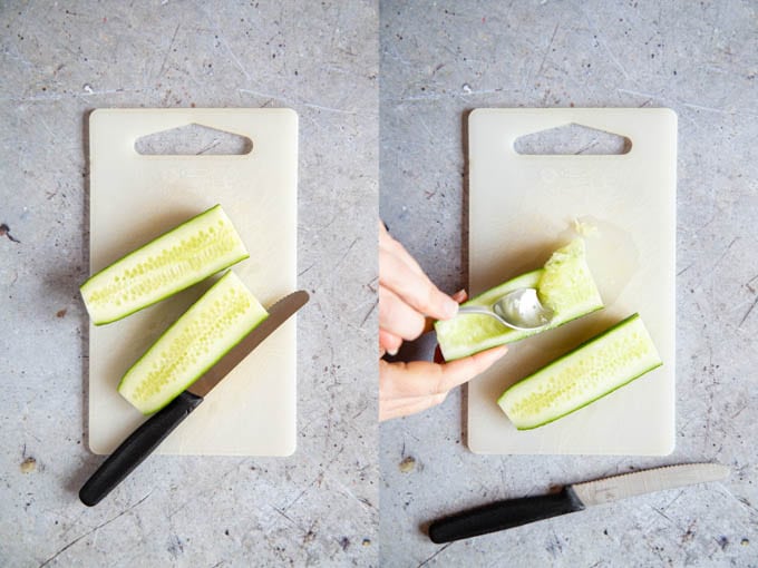 Two halves of cucumber, before and after scooping out the seeds.