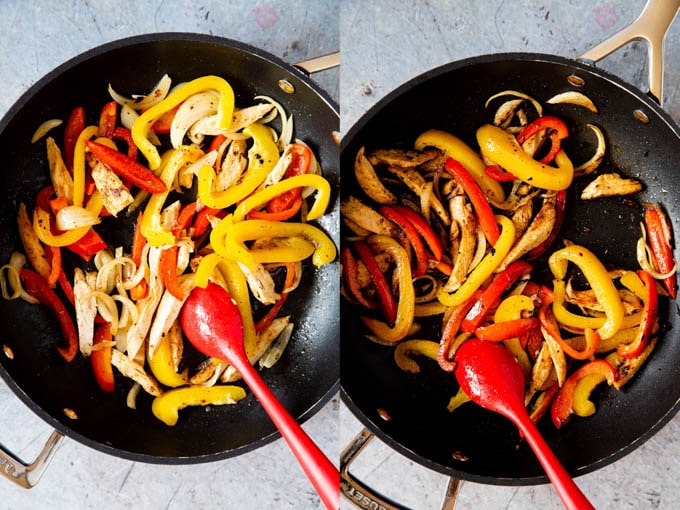 A top down picture of leftover turkey fajita filling - turkey, onion and peppers, before and after cooking.
