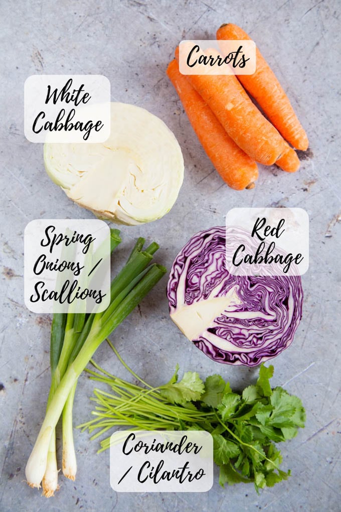 Vegetables for no-mayo coleslaw - carrots, red and white cabbage, scallions, and cilantro.