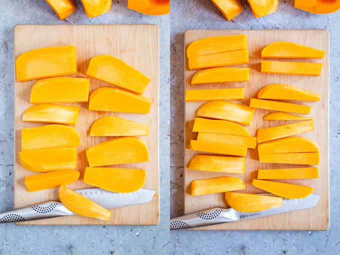 Cutting butternut squash - cutting the slices into batons.