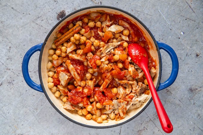 Leftover turkey tagine with chickpeas, just before cooking.