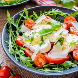 Close up of white and red tomato mozzarella salad