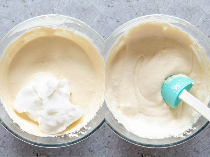 Making Irish cream ice cream - folding whipped egg whites into the cream, sugar and Irish cream mixture.