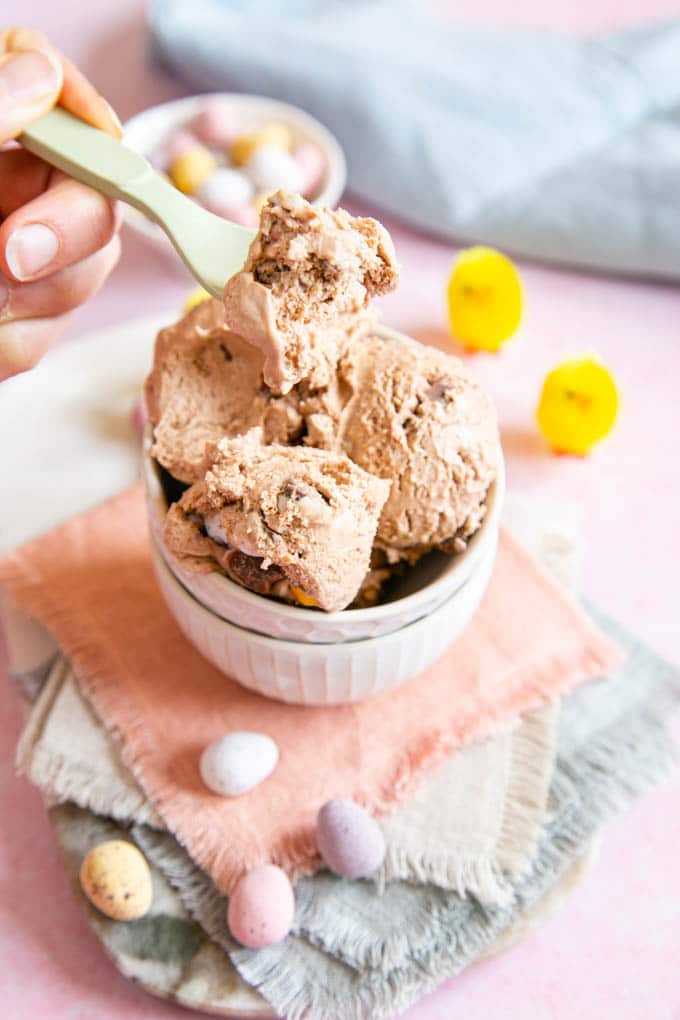Milk chocolate ice cream in a small bowl. A hand is taking a spoonful.