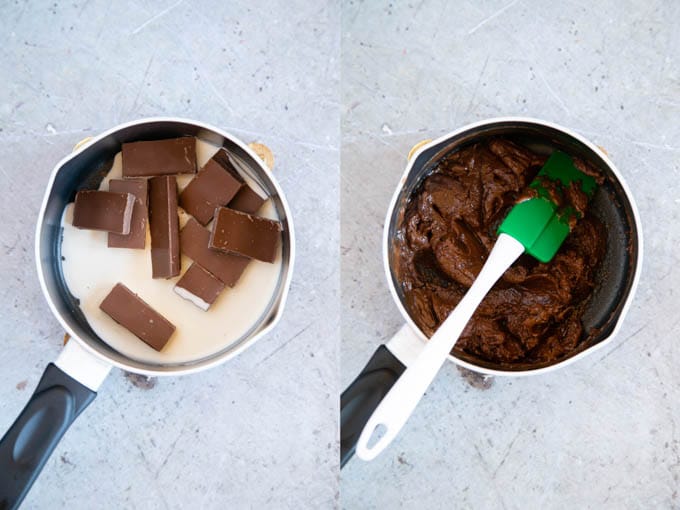 Two top down pictures of chocolate being melted in double cream; showing before and after melting.