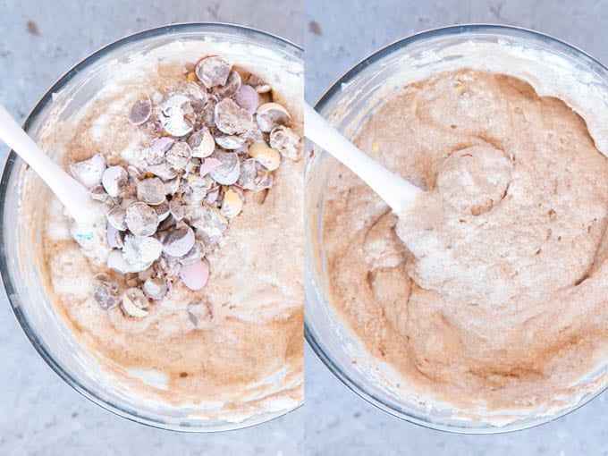 Mini egg ice cream collage - before and after stirring in crushed Easter eggs.