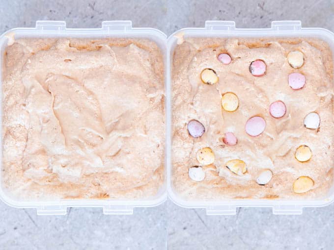 A collage of two pictures - milk chocolate ice cream in a plastic box, and then decorated with large pieces of crushed mini eggs.