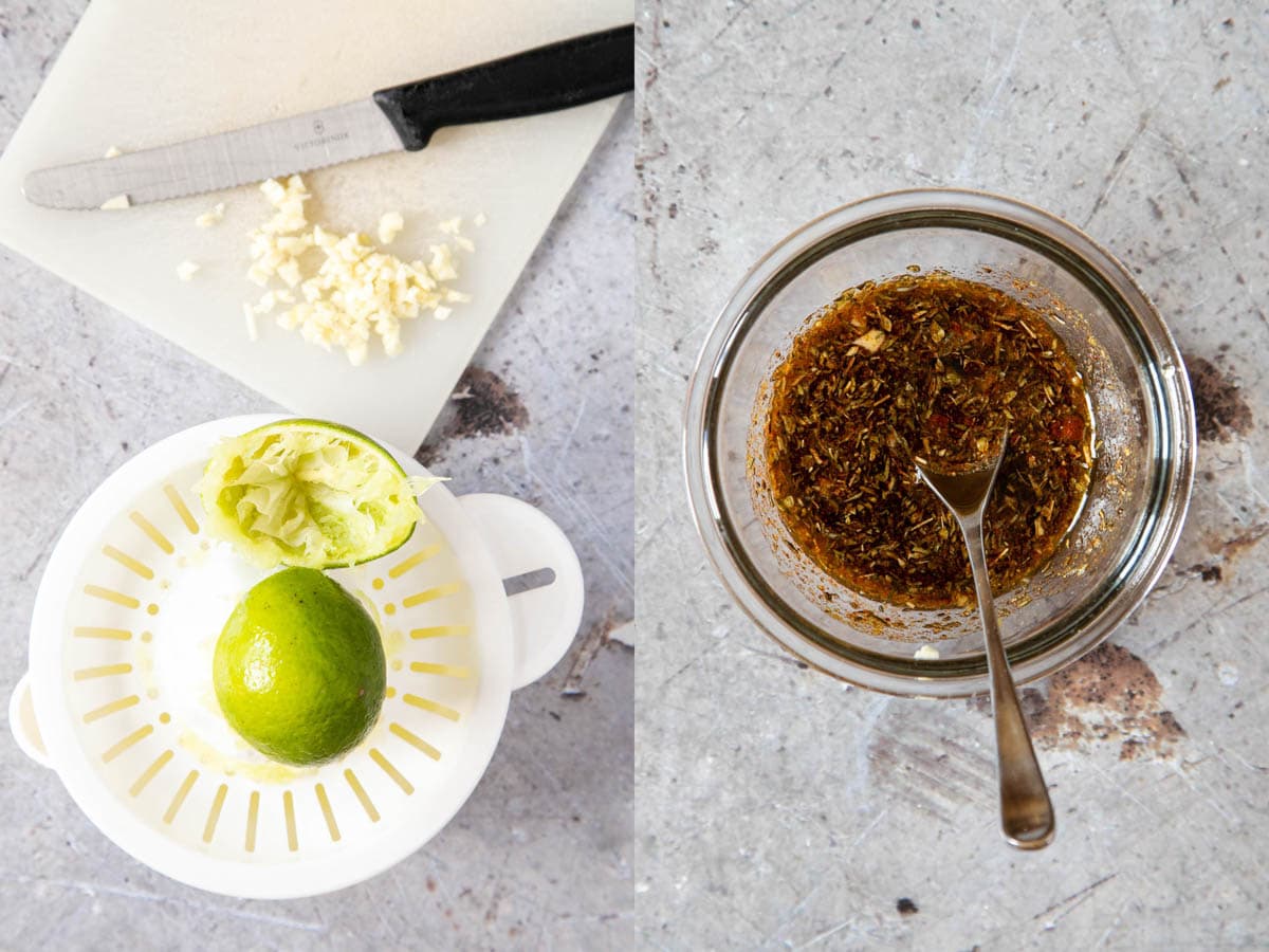 Two pictures. 1st: chopping garlic and squeezing limes. 2nd: mixing all the ingredients for the marinade.