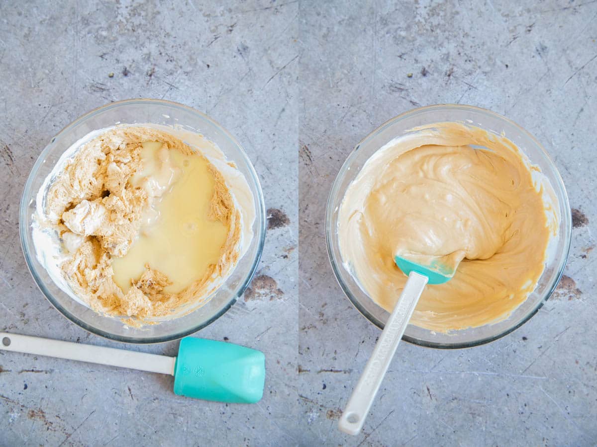A collage - adding condensed milk to the whipped cream, and folding it in. Two shots showing before and after mixing. mixing