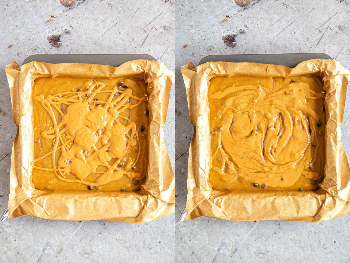 Melted peanut butter is poured over the top of the blondie mix, and swirled gently. The mix is ready to bake.