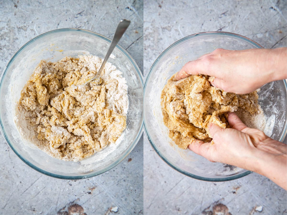Mixing together the ingredients for biscotti. First with a spoon, then with hands.