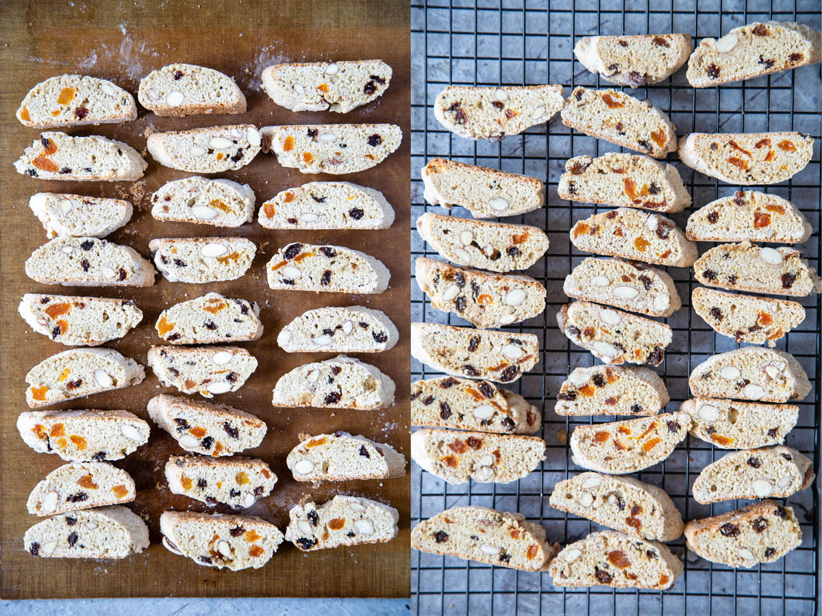 The sliced biscotti are cooked, then removed from the oven and allowed to cool on a rack.