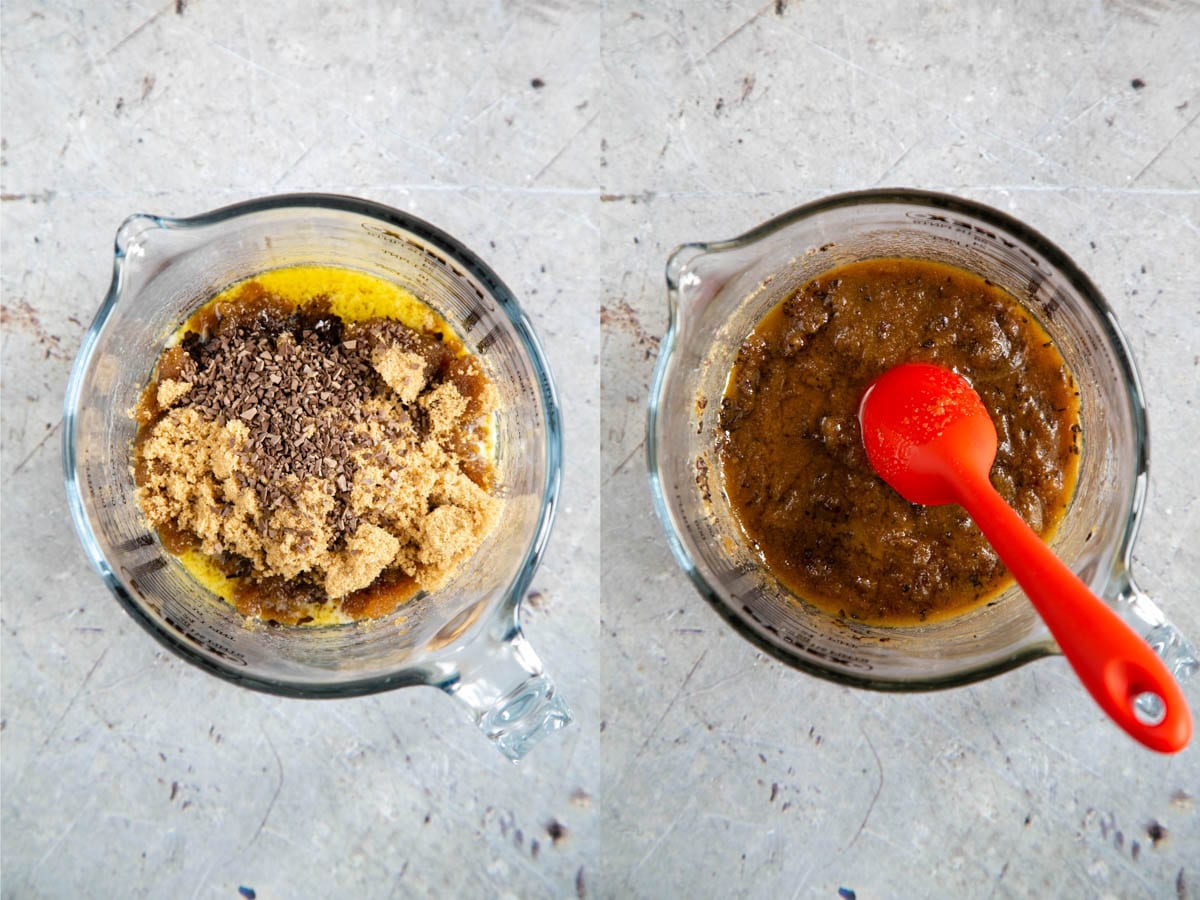 Brown sugar and instant coffee added to melted butter, in a 500ml glass jug. In a second photo, the ingredients have been mixed with a red silicone spoon (shown).