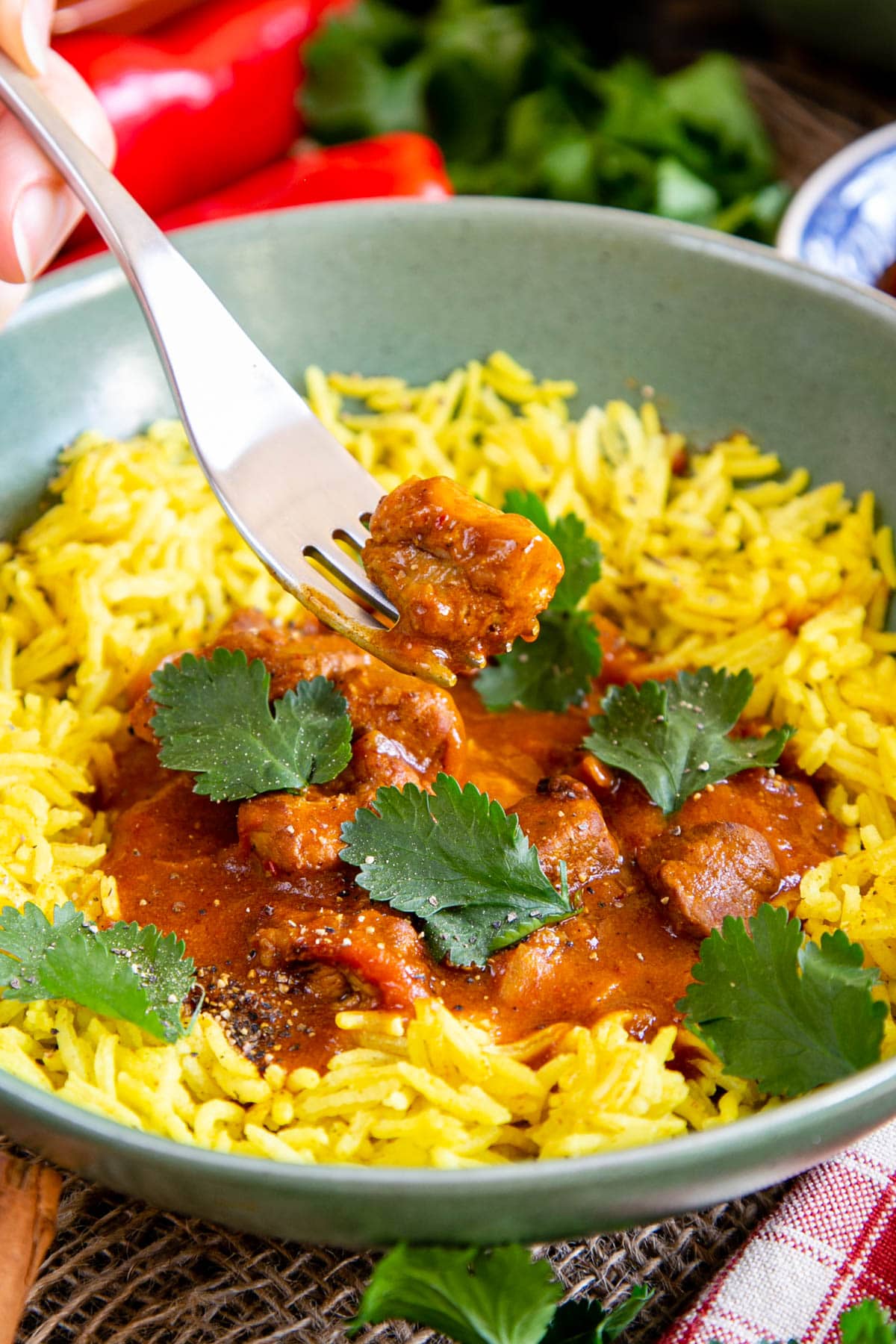 Close up of slow cooked curry. A fork holds a piece of lamb above the dish. The curry is served with yellow pilau rice.