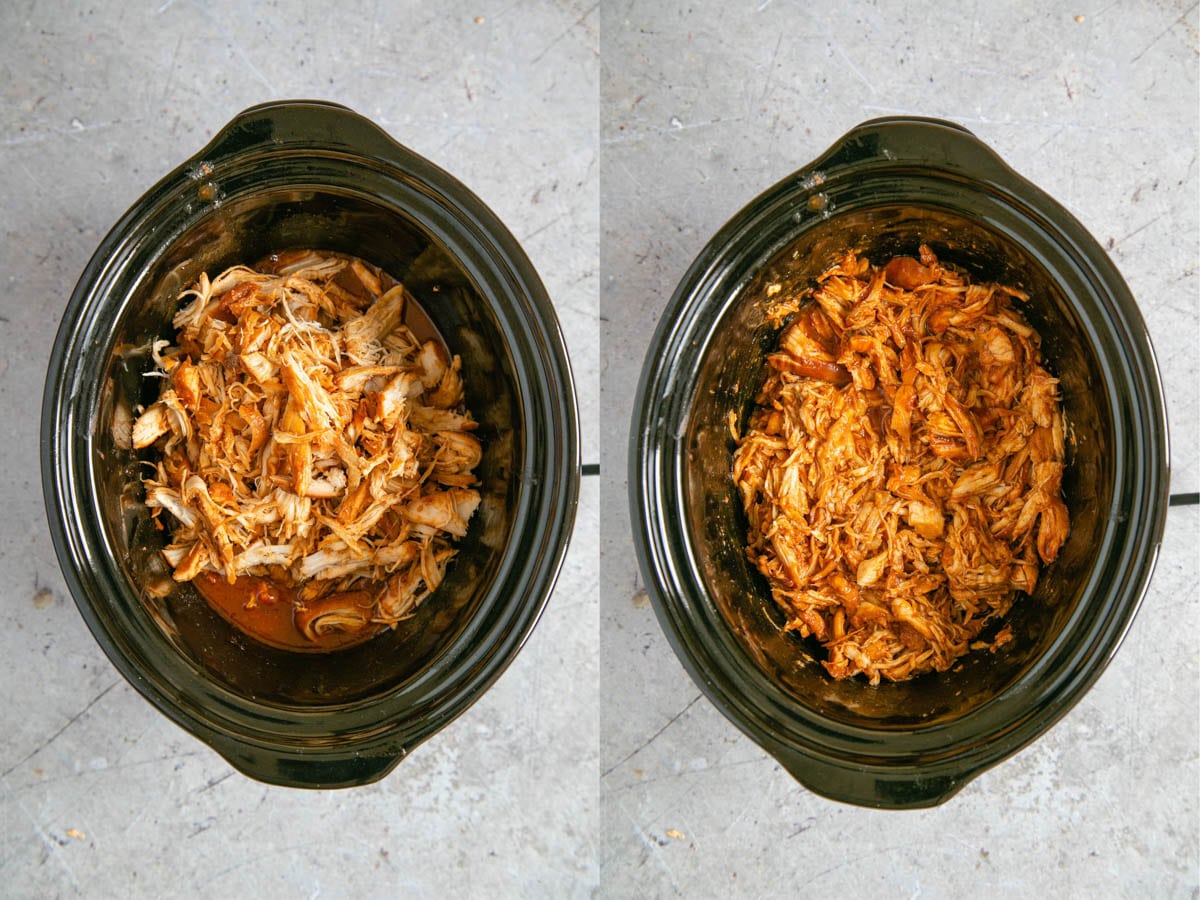 Delicious shredded slow cooked pulled chicken, returned to the pot and stirred together to coat the chicken evenly with sauce. Deliciously ready to serve.