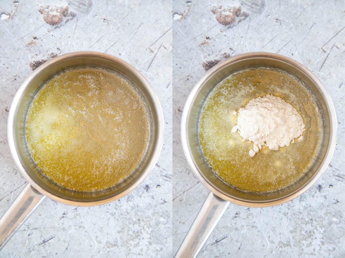 A saucepan full of melted butter. In a second picture, flour has been added but not yet stirred in.