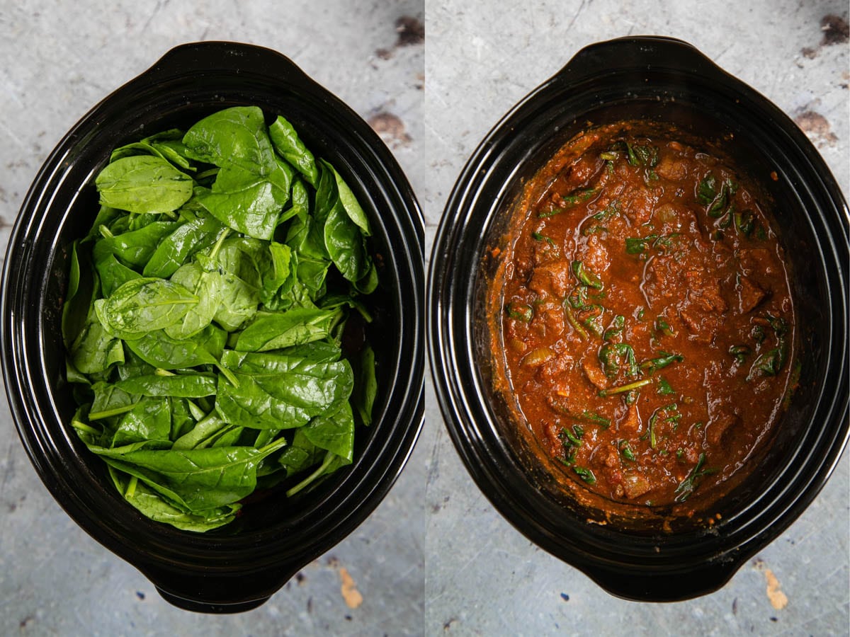 Spinach is added to slow cooker beef curry. Initially it fills the dish, but wilts down a lot, as shown in the second photo.
