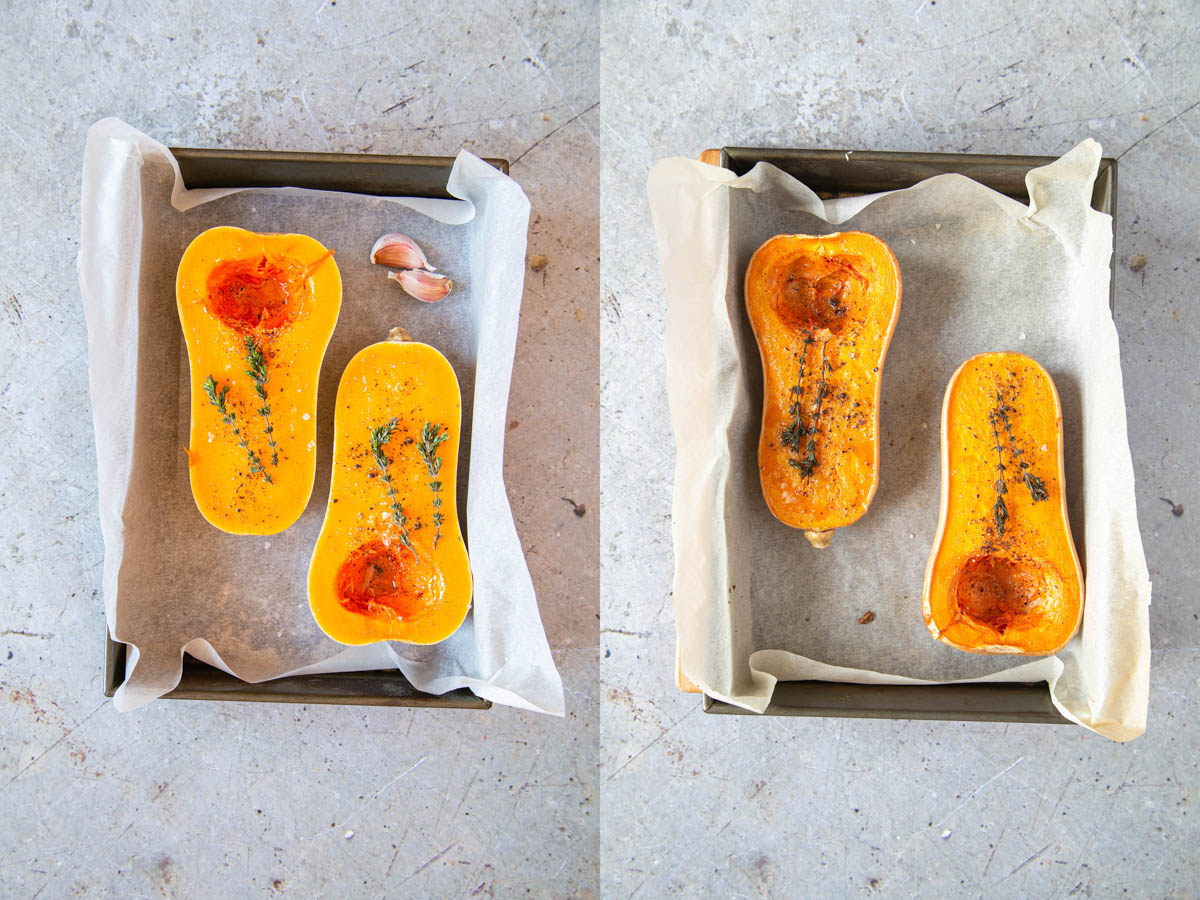Left: The squash in a lined tin, sprinkled with salt and thyme, with the garlic cloves. Right: The same tin with the squash now roasted, the thyme blackened from the oven.