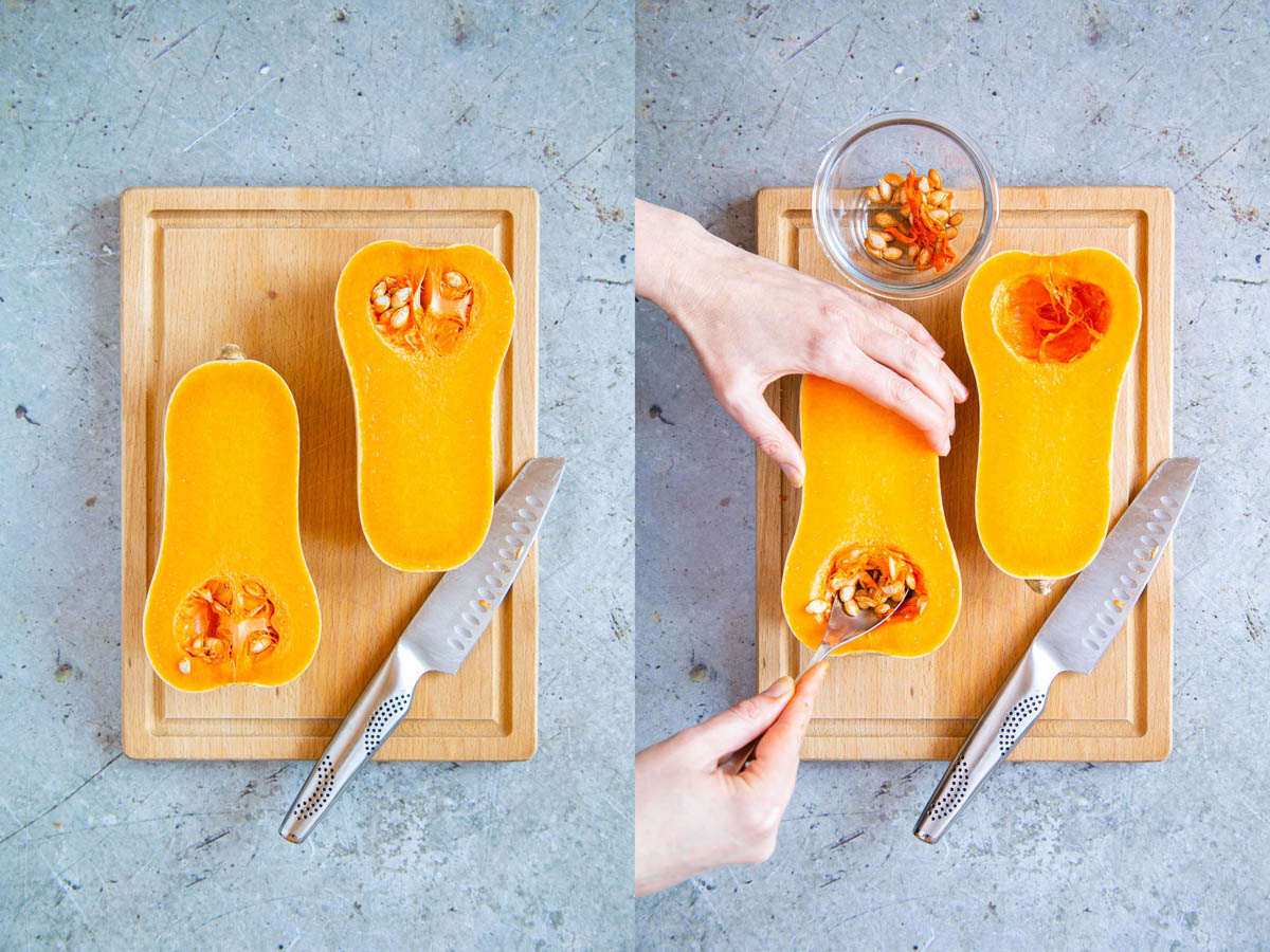 Left: butternut squash cut in half on the vertical axis. Right: scooping the seeds out of the squash halves with a spoon.