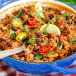 Mexican rice and beans look cheerful, served in a bright blue bowl