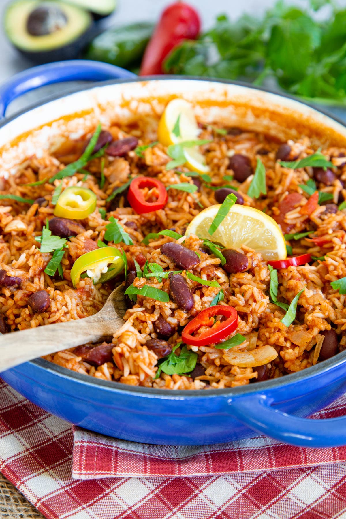Mexican rice with beans, vibrant and bright with the colours of the Mexican flag.