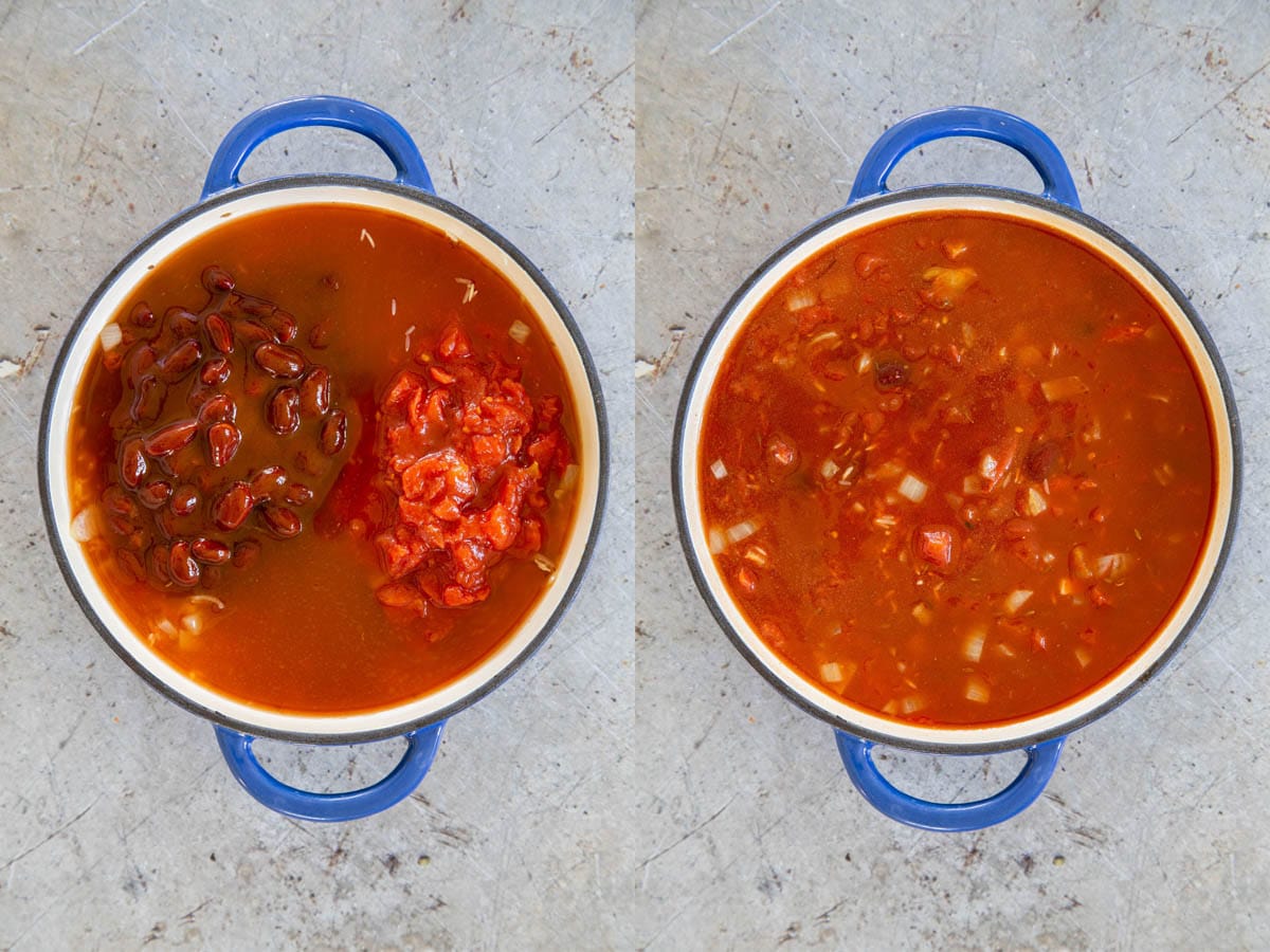 Left: beans, tomato and stock are shown added to the pan. Right: The ingredients have been stirred to combine and are shown cooking.