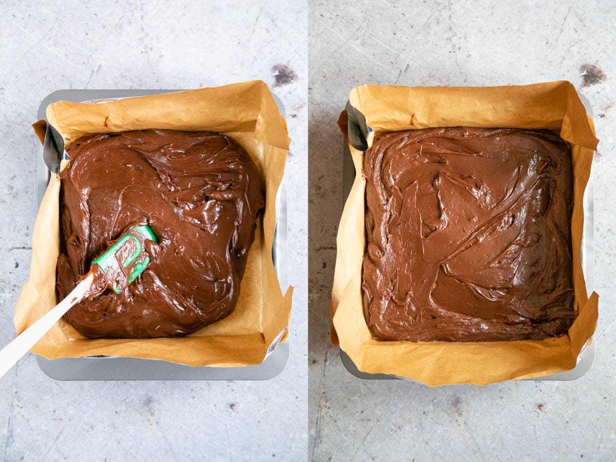 Left: smoothing out the fudge mixture in the pan; Right: the mixture is evenly spread.